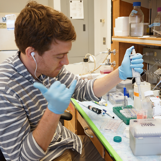 Researcher using a pipette in a lab